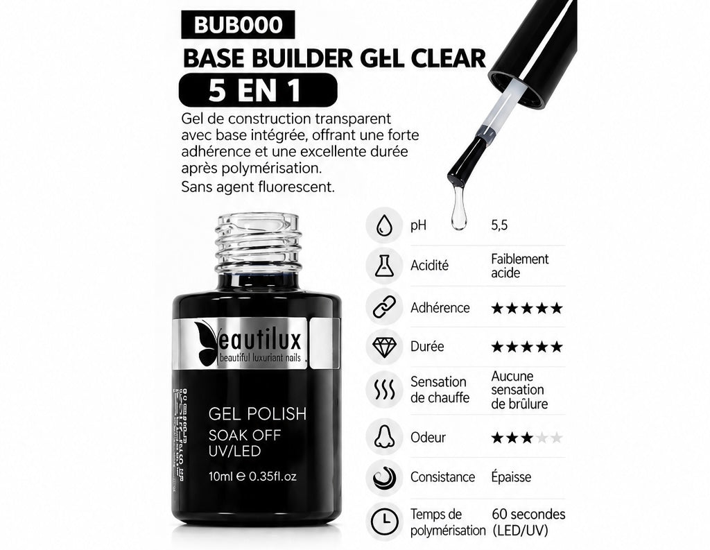 Renforce Base Builder Gel Clear 5 en 1 – Base + Gel en Bouteille – 10 ml – BUB000