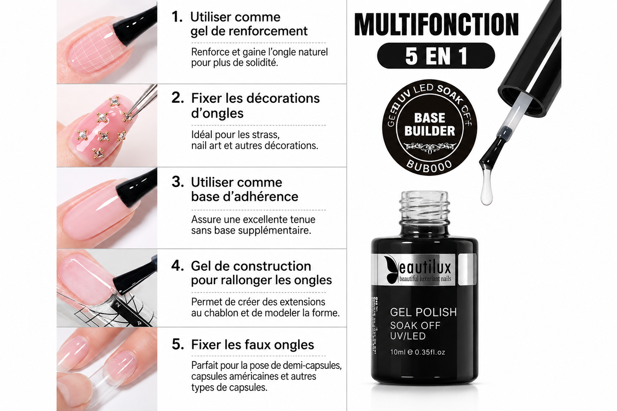 Renforce Base Builder Gel Clear 5 en 1 – Base + Gel en Bouteille – 10 ml – BUB000